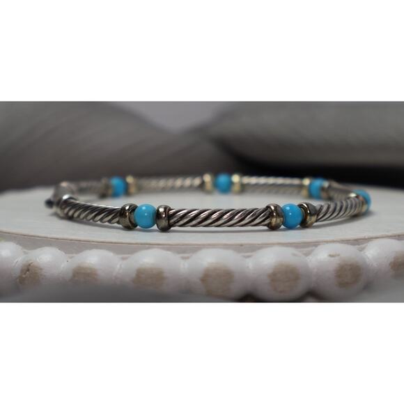 David Yurman 925 & 14k Turquoise Bead Cable Bracelet 9.6G / 7in - Picture 3 of 6